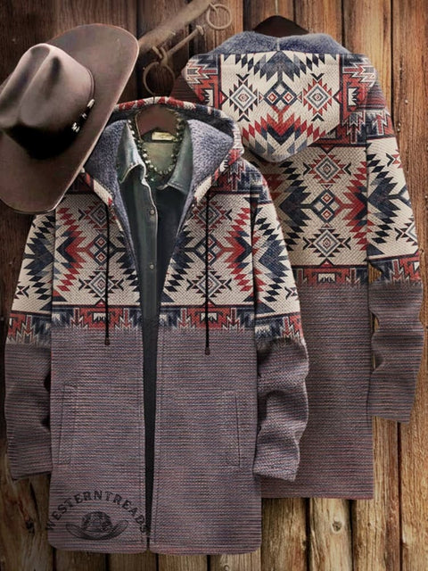 Aztec Print Unisex Plush Thick Long-sleeved Cardigan Coat