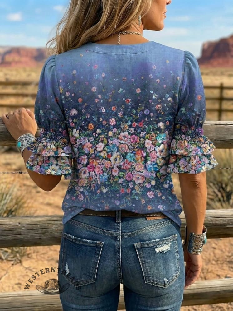 Women's Retro Floral Art Puff Sleeve Casual Shirt