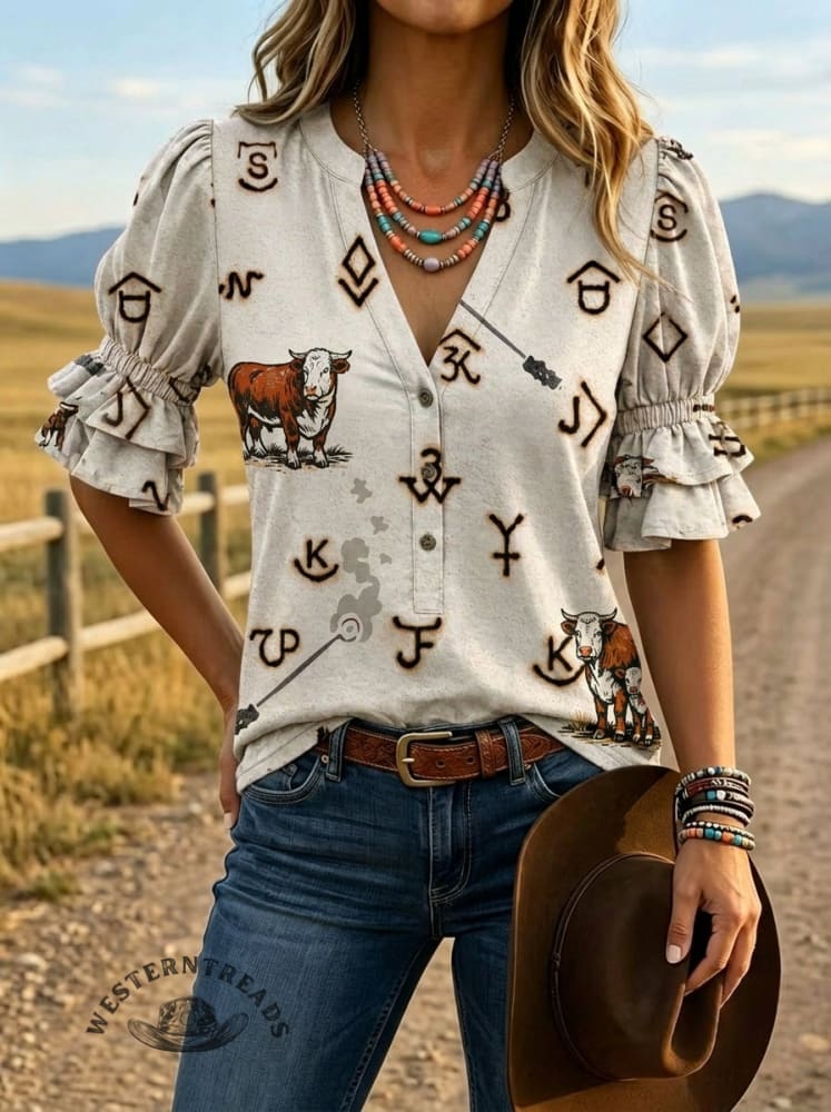 Women's Cow Brand Print Puff Sleeve Casual Shirt