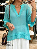 Turquoise Mesh Knit V-neck Top