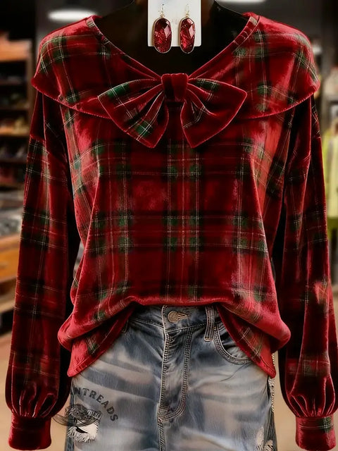 Retro Ethnic Christmas Print Collared Velvet Top