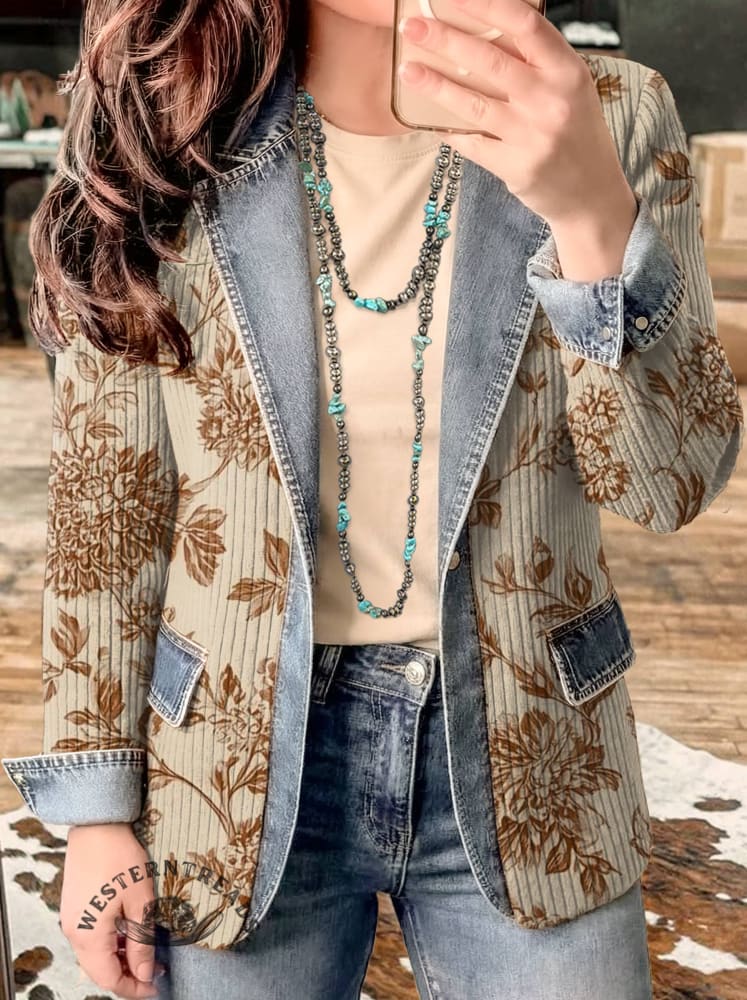 Floral Print Patchwork Denim Sweater