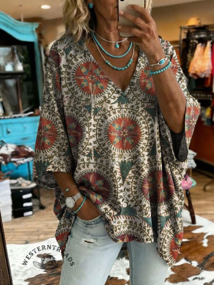 Vintage Floral Print Casual V-neck Denim Loose Shirt
