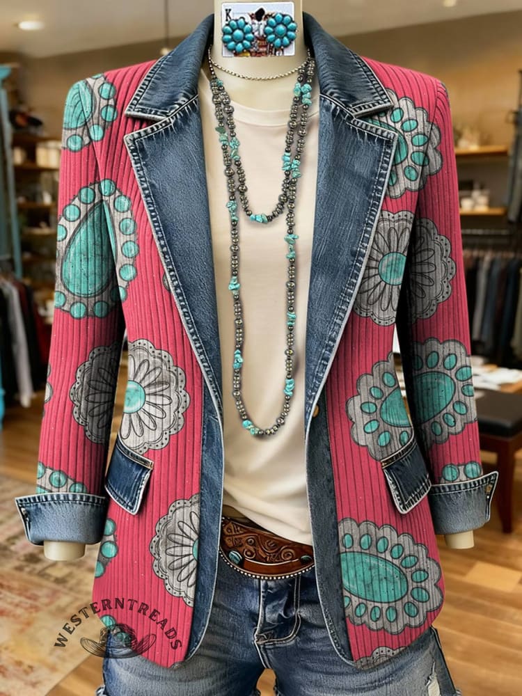 Turquoise Art Print Patchwork Denim Coat