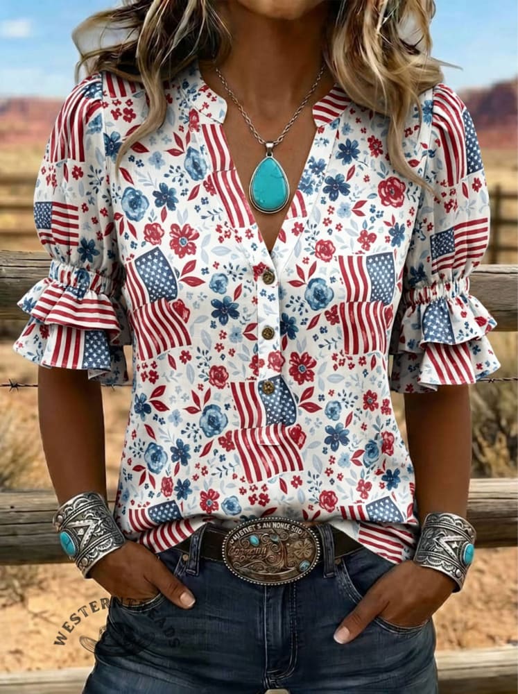 Women's Flag Print Puff Sleeve Casual Shirt