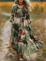 Women's Christmas Print V-Neck Button Pocket Cotton Dress