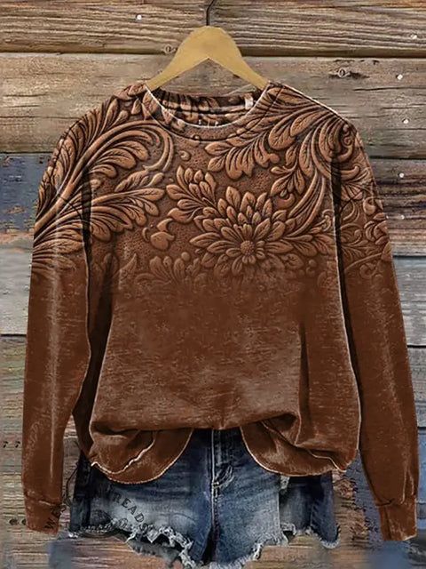 Brown Gradient Retro Flower Casual Cotton Sweatshirt