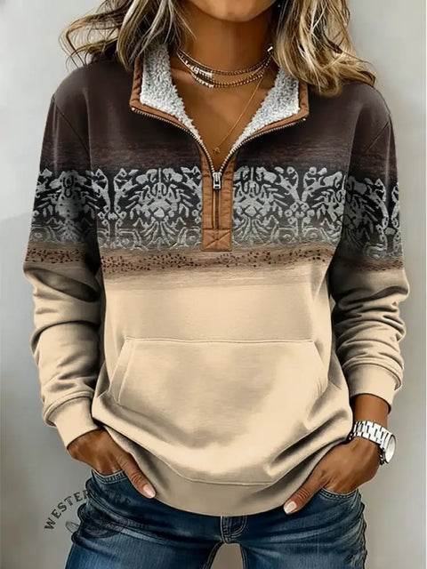 Casual Retro Art Print Half-Zip Cotton Sweatshirt