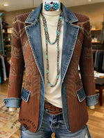 Retro Cowboy Boot Stitching Print Patchwork Denim Sweater Cardigan Coat