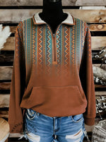 Retro Aztec Print Casual Half-zip Cotton Sweatshirt