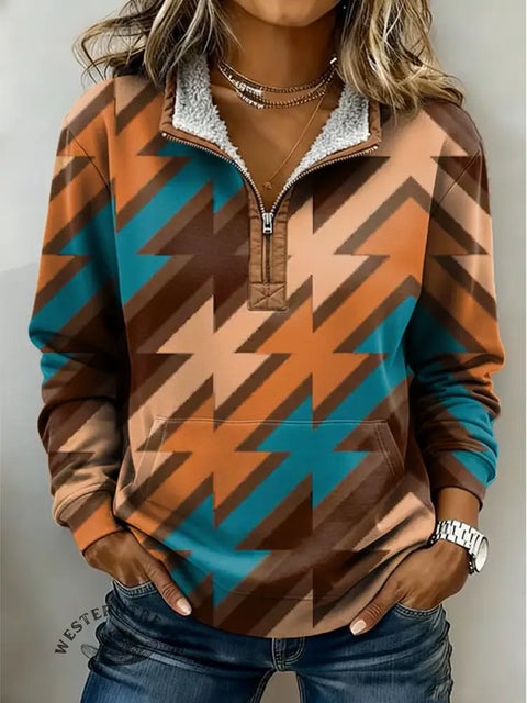 Color Aztec Print Casual Half-zip Cotton Sweatshirt