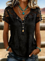 Women's Vintage Print Casual Hollow-Out Denim Shirt