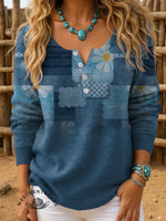 Retro Denim Floral Pattern Print Buttoned Cardigan Sweater