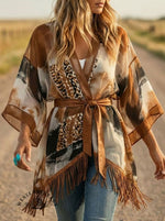 Women's Vintage Abstract Art Print Casual Tassel Patchwork Top