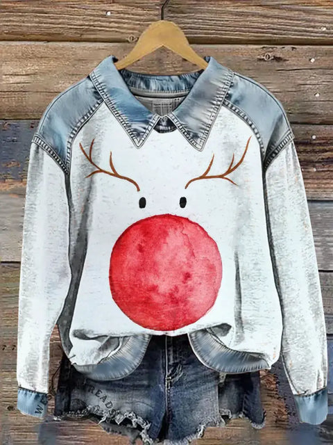 Women's Christmas Elk Print Casual Denim Patchwork Sweatshirt