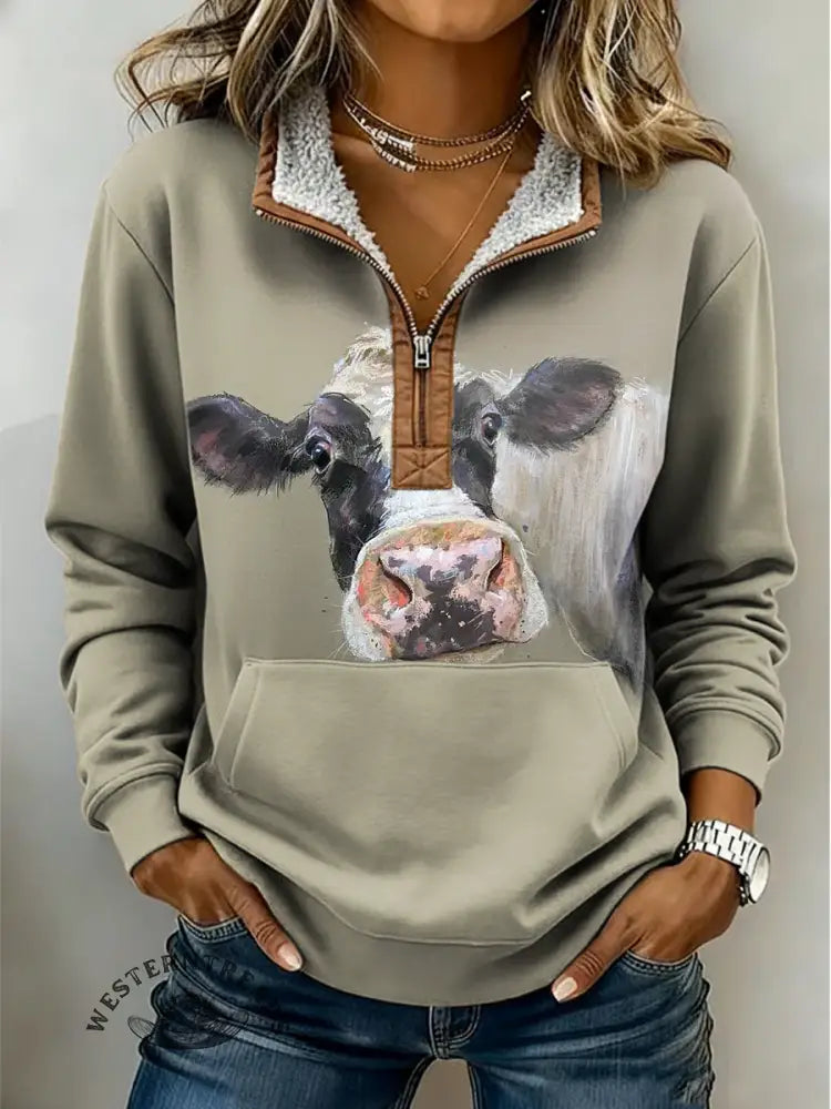 Women's Funny Cow Print Casual Color-blocked Casual Half-zip Cotton Sweatshirt