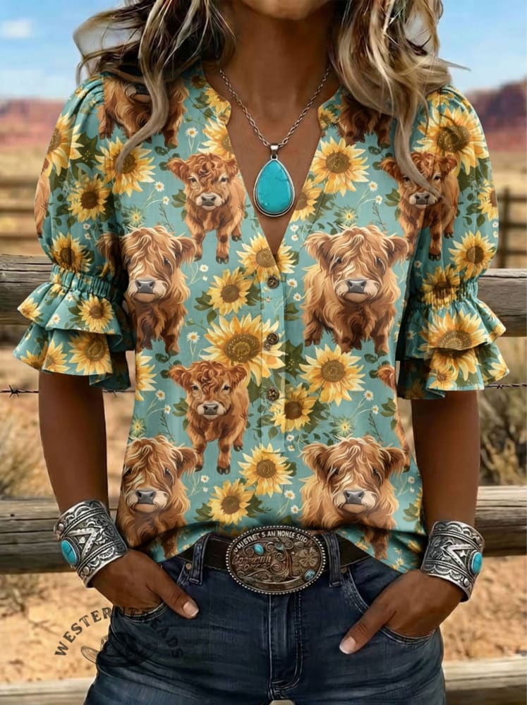 Women's Cows And Sunflowers Print Puff Sleeve Casual Shirt