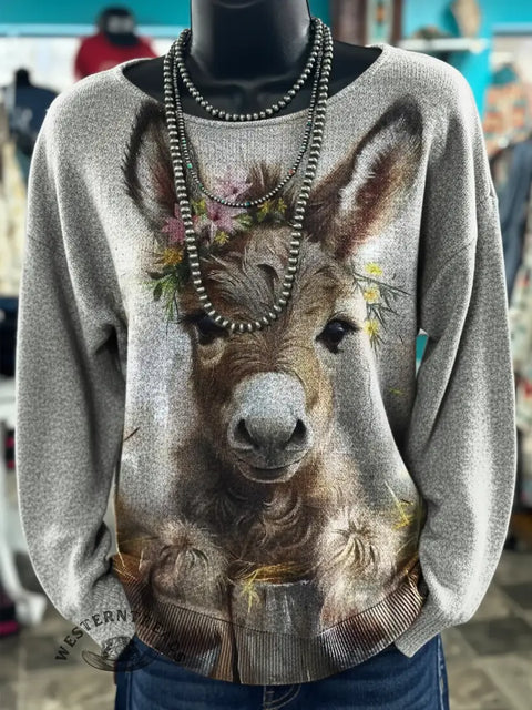 Women's Donkey Art Print Casual Sweater