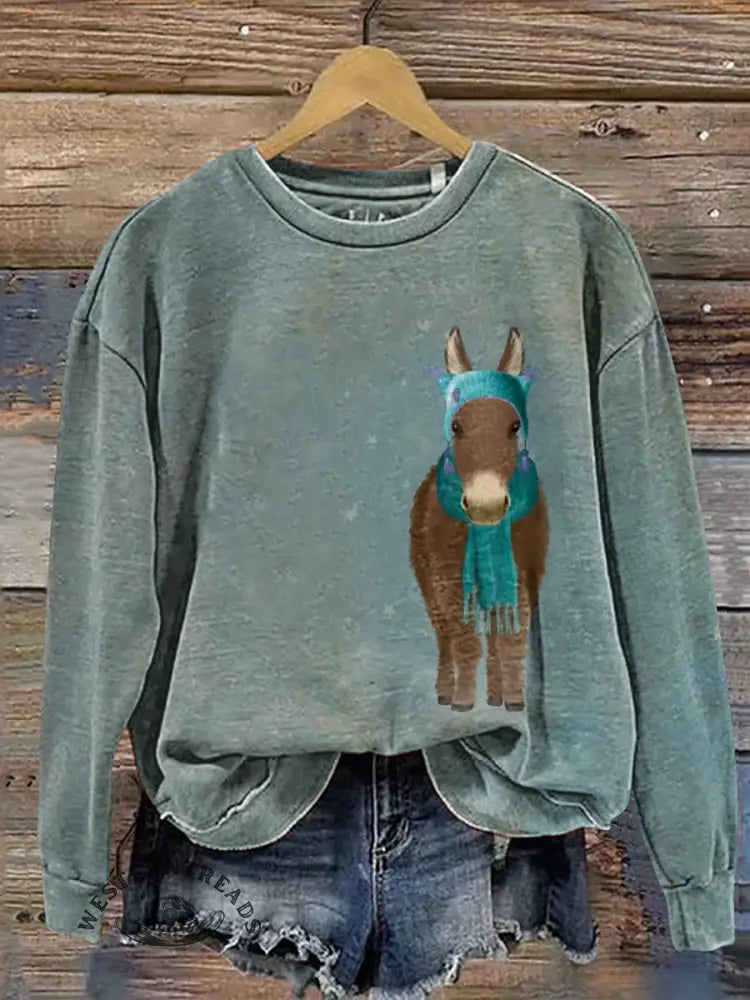Retro Donkey Art Print Casual Cotton Sweatshirt