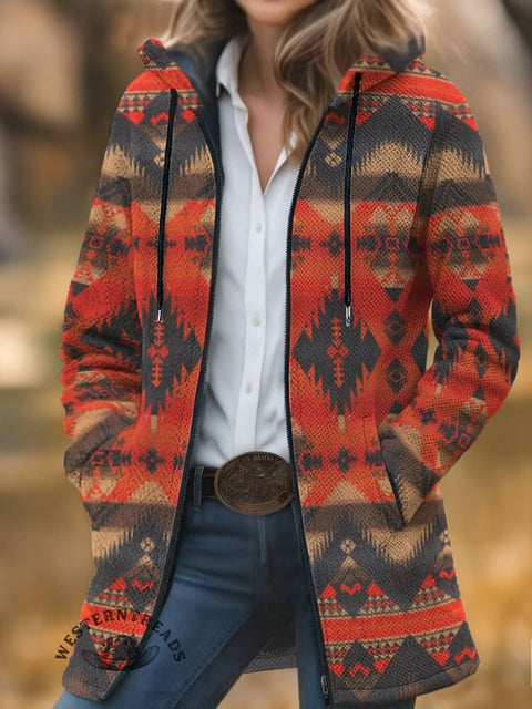 Aztec Print Unisex Plush Thick Long-sleeved Cardigan Coat