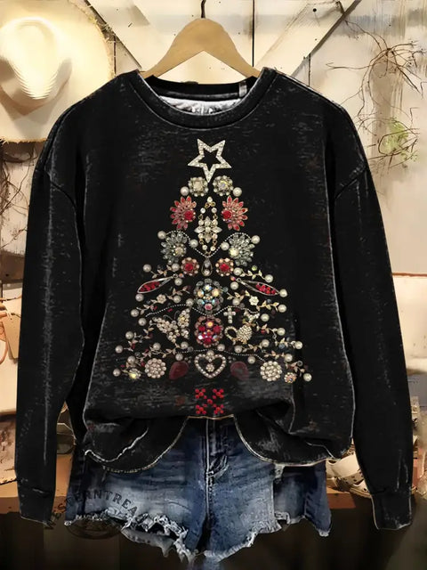 Christmas Tree Art Print Casual Cotton Sweatshirt