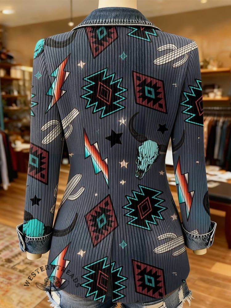 West Art Print Patchwork Denim Coat