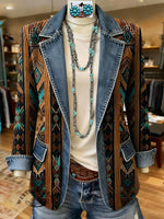Retro Aztec Print Patchwork Denim Sweater Cardigan Coat