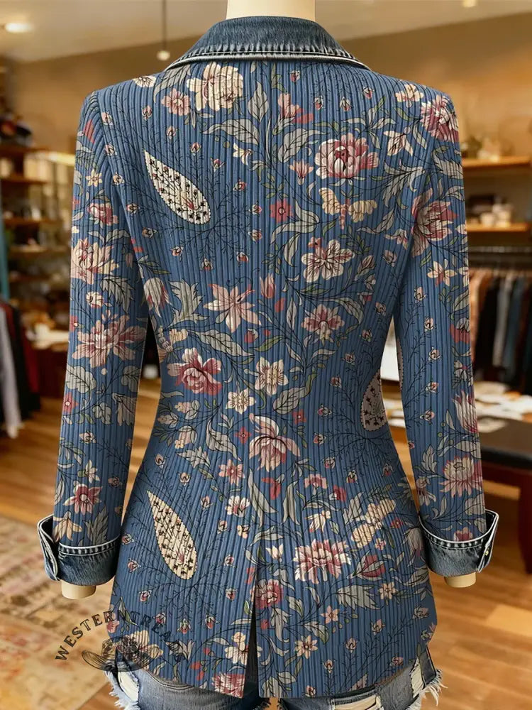 Retro Boho Flower Art Print Patchwork Denim Sweater Cardigan Coat