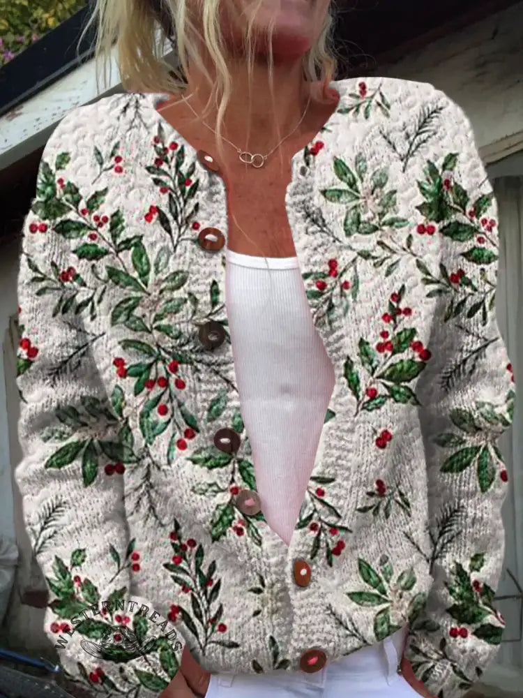 Retro Floral Art Print Buttoned Cardigan Sweater