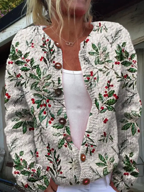 Retro Floral Art Print Buttoned Cardigan Sweater