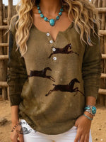 Retro Horse Art Print Buttoned Cardigan Sweater