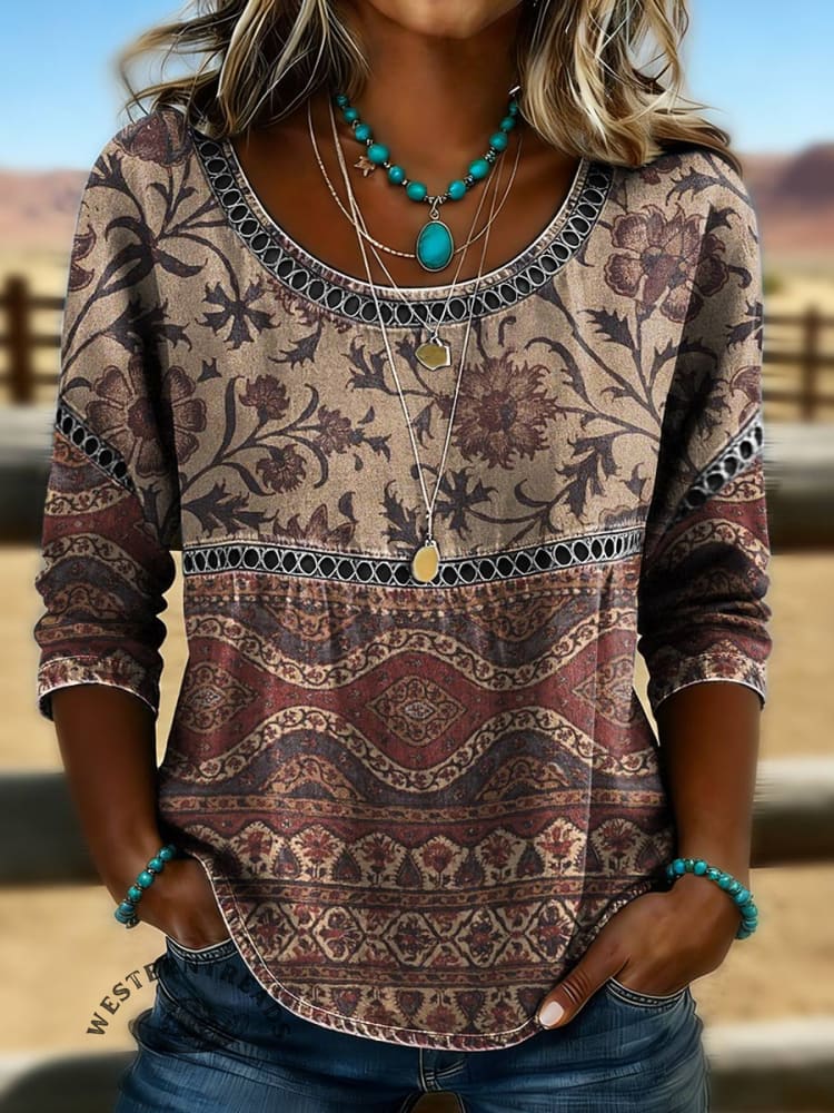 Women's Vintage Print Casual Hollow Denim Shirt