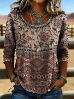 Women's Vintage Print Casual Hollow Denim Shirt