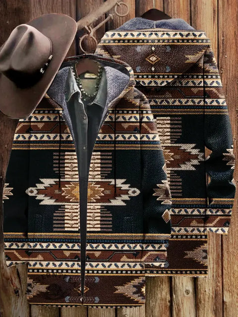 Retro Aztec Unisex Plush Thick Long-Sleeved Cardigan Coat