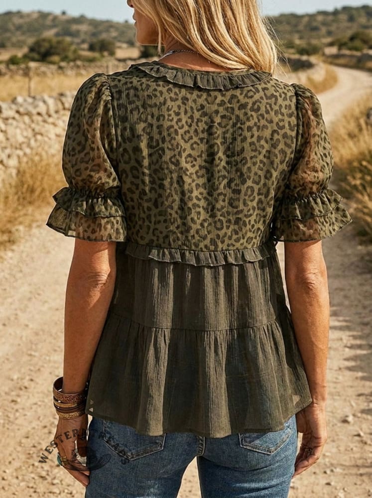 Women's Men's Leopard Print Casual Ruffle Shirt