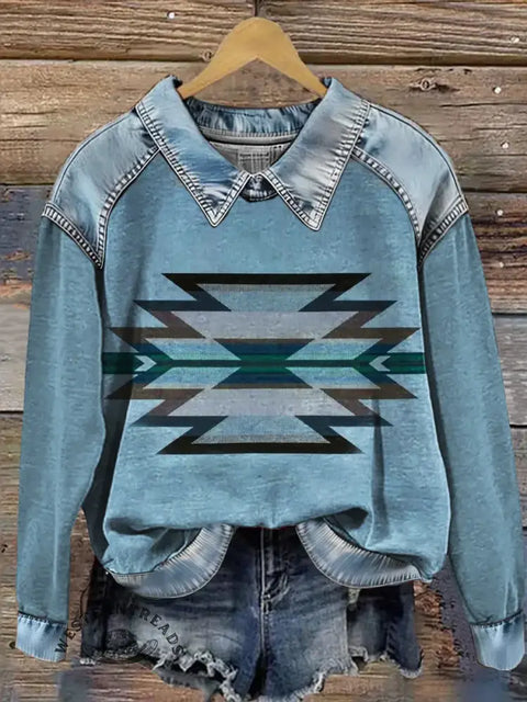 Aztec Print Casual Denim Patchwork Sweatshirt