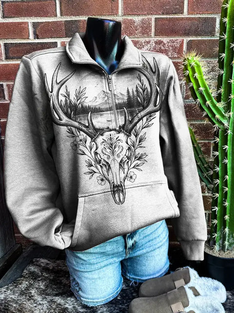 Cow Skull Art Print Casual Zip Sweatshirt