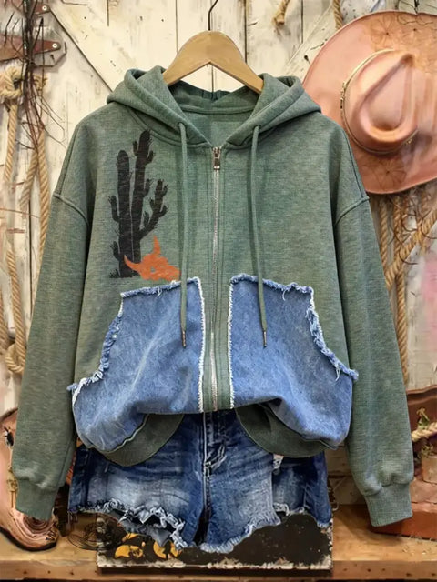 Retro Western Print Casual Cotton Patchwork Hooded Zip-up Sweatshirt
