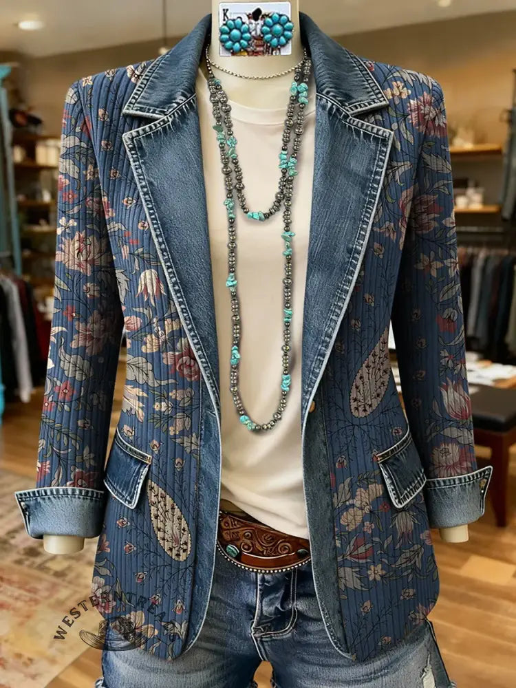 Retro Boho Flower Art Print Patchwork Denim Sweater Cardigan Coat