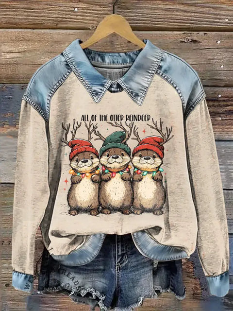 Cute Christmas Animals Print Casual Denim Patchwork Sweatshirt