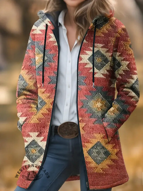 Retro Aztec Print Unisex Plush Thick Long-sleeved Cardigan Coat