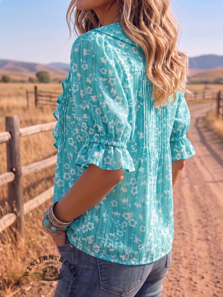Vintage Art Print Comfortable Summer Fabrics Puff Sleeve Casual Shirt