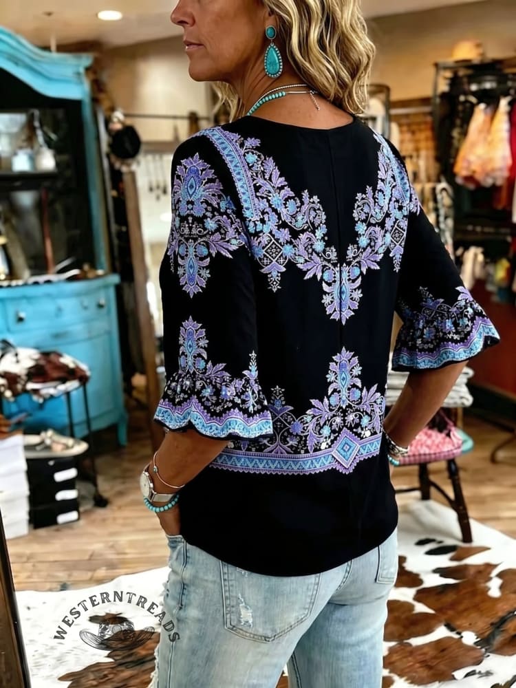 Women's Vintage Flowers Print Patchwork Casual Shirt