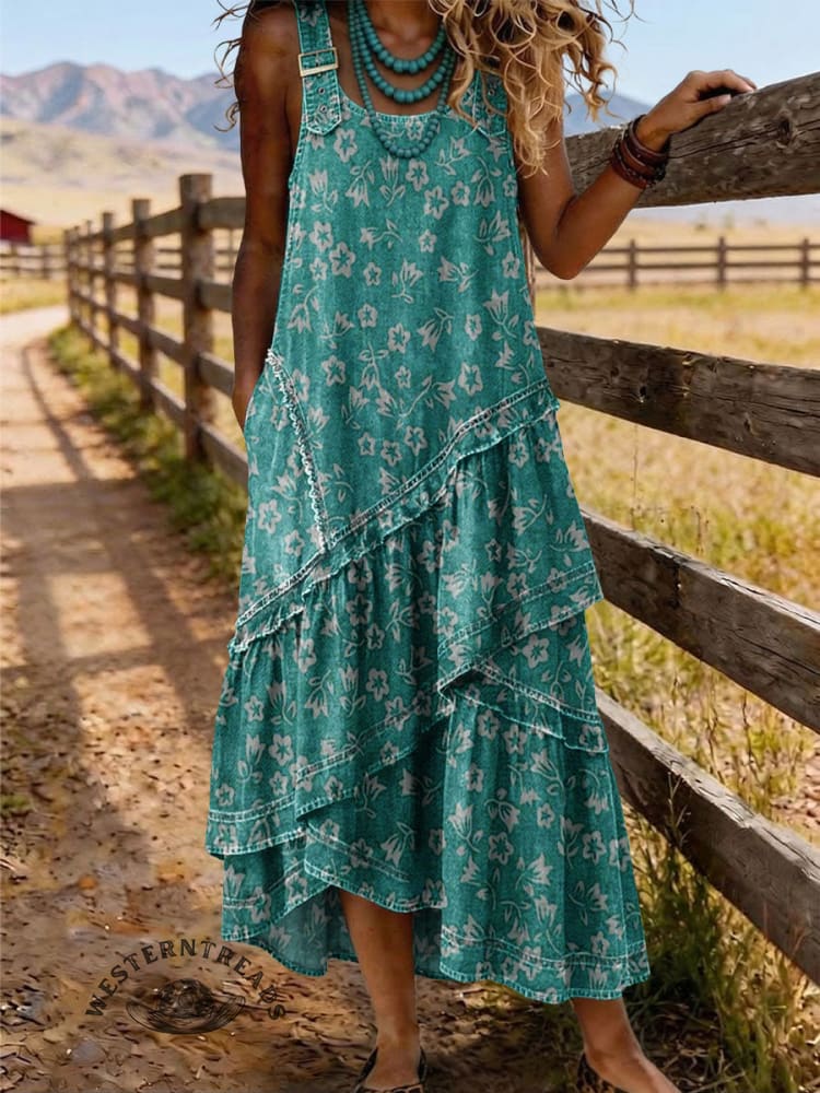Vintage Floral Print Sleeveless Multi-layered Ruffled Strap Dress
