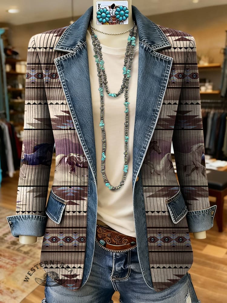 Retro Horse Aztec Print Patchwork Denim Sweater Cardigan Coat