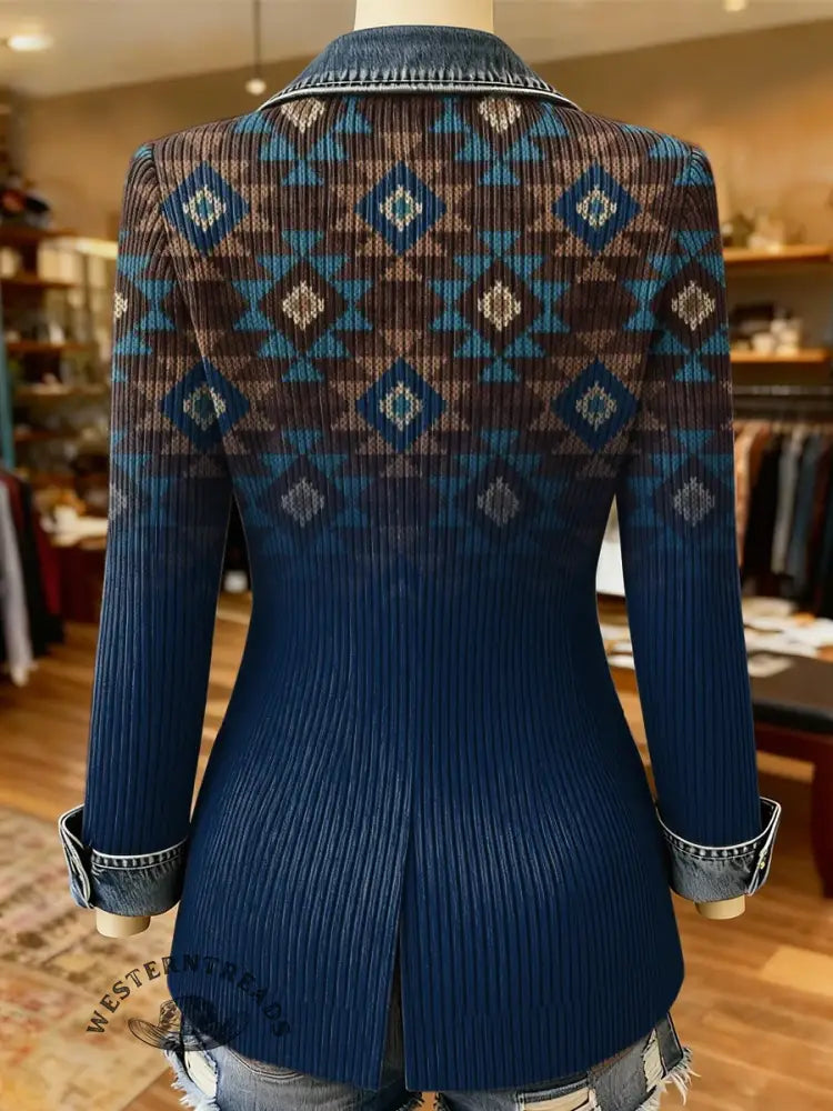 Retro Art Pattern Print Patchwork Denim Sweater Cardigan Coat