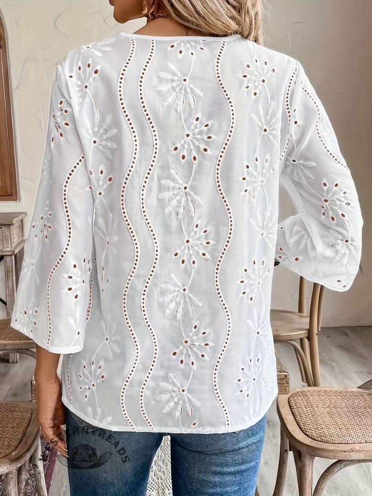 V-neck embroidered trumpet sleeve lace top