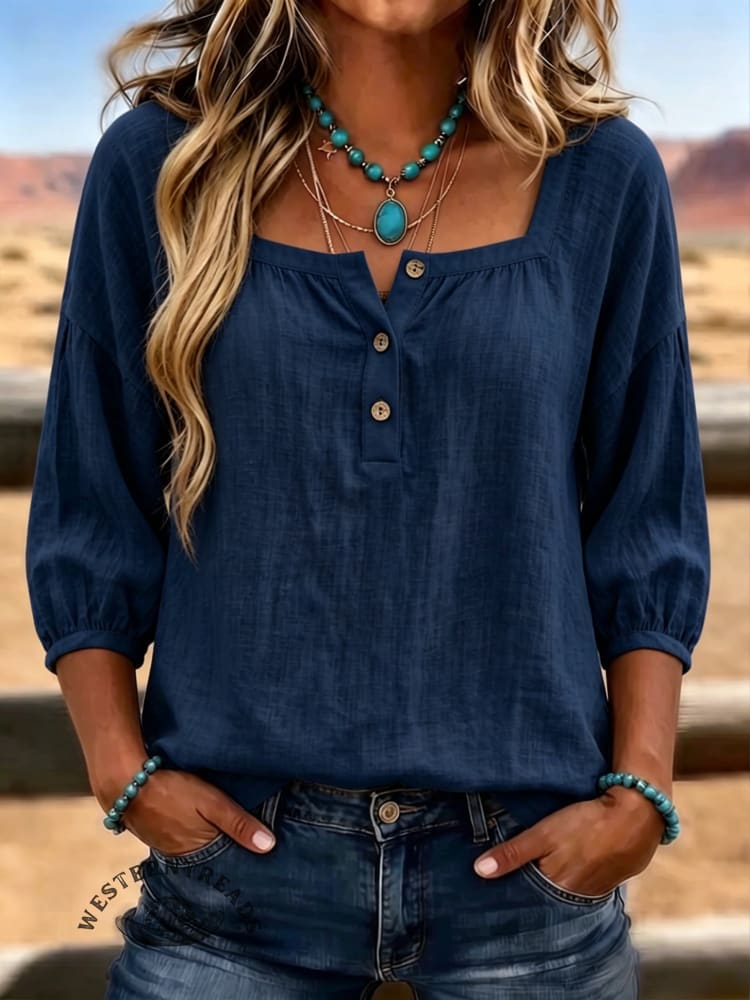 Women's Vintage Square Neck Puff Sleeves Patchwork Casual Shirt