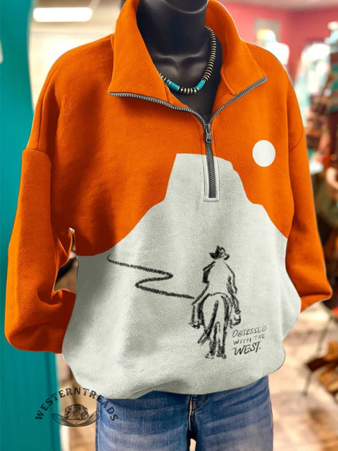 Cowboy Print Casual Long Sleeve Zip Sweatshirt