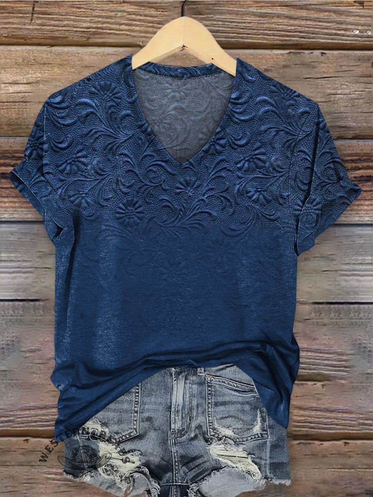 Women's Floral Print Art V-neck Casual T-Shirt